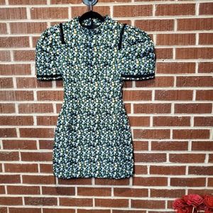 Sister Jane Women Green High Rise Tapestry Puff Sleeve Mini Dress Retro XS NWT